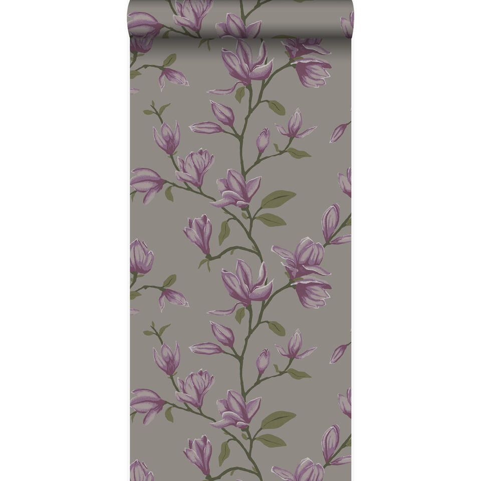 Origin behang - magnolia - taupe en aubergine paars - 53 cm x 10,05 | Leen Bakker