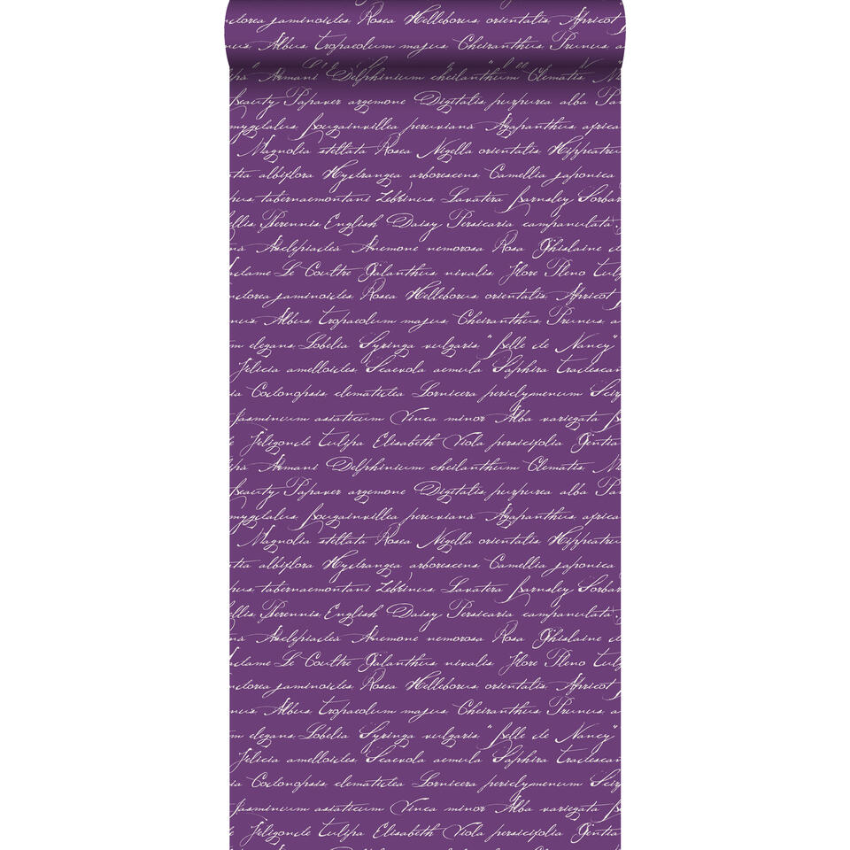 Verknald Tactiel gevoel Passief ESTAhome behang - handgeschreven latijnse bloemennamen - donker paars |  Leen Bakker