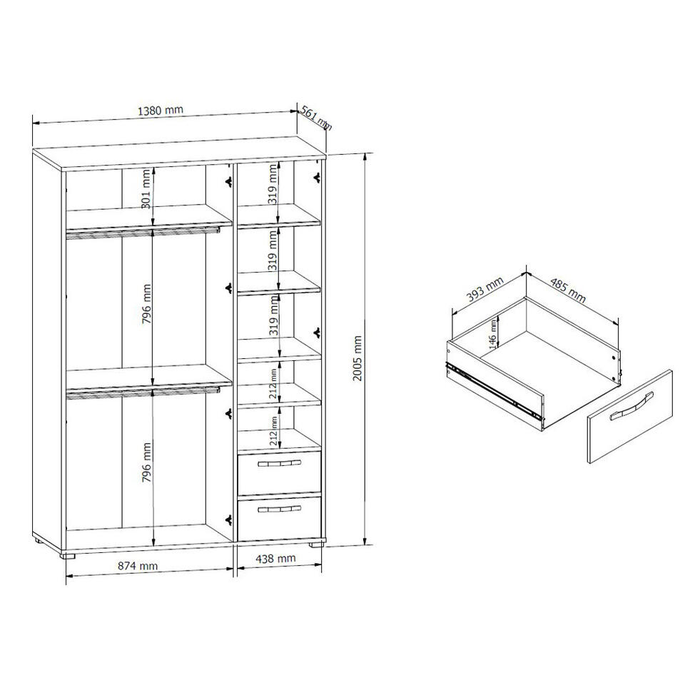 Kledingkast Mono 3-deurs - wit/steigerhoutlook - 201x138x57 cm
