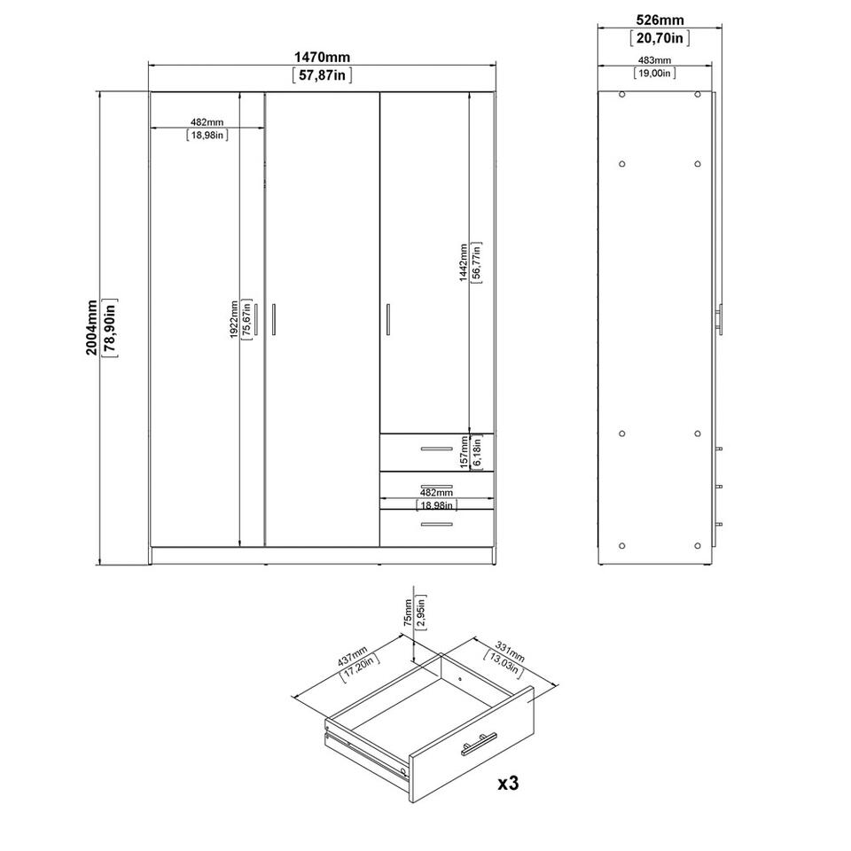 Kledingkast Sprint 3-deurs - wit - 200x147x50 cm