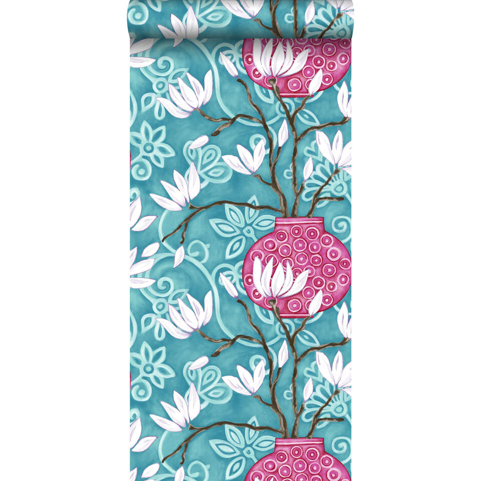 Origin behang - magnolia - turquoise en roze - 53 cm x 10,05 m product