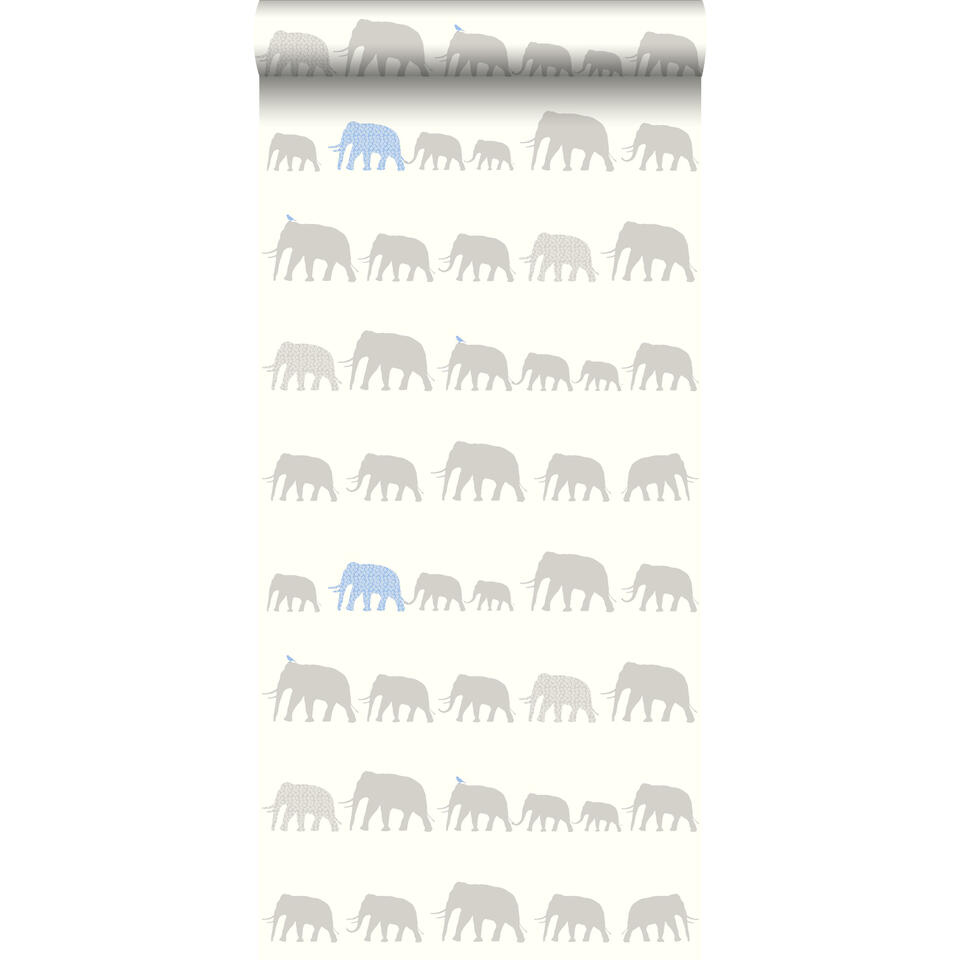 ESTAhome behang - olifanten - zilver en lichtblauw - 53 cm x 10,05 m product