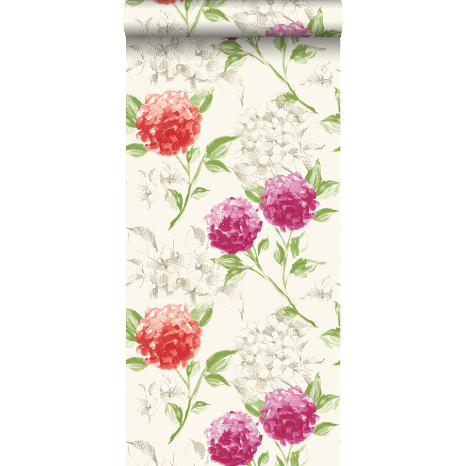 ESTAhome behang - hortensia's - roze en oranje - 53 cm x 10,05 m product