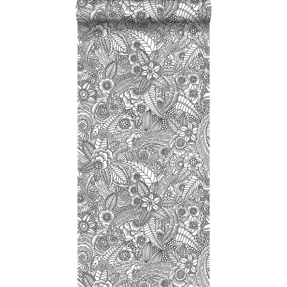Bron Insecten tellen oplichter ESTAhome behang - bloemen pentekening - zwart wit - 0.53 x 10.05 m | Leen  Bakker