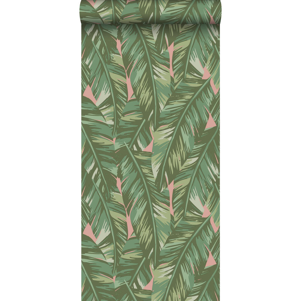 ESTAhome behang - bananenblad - olijfgroen en roze - 53 cm x 10,05 m product