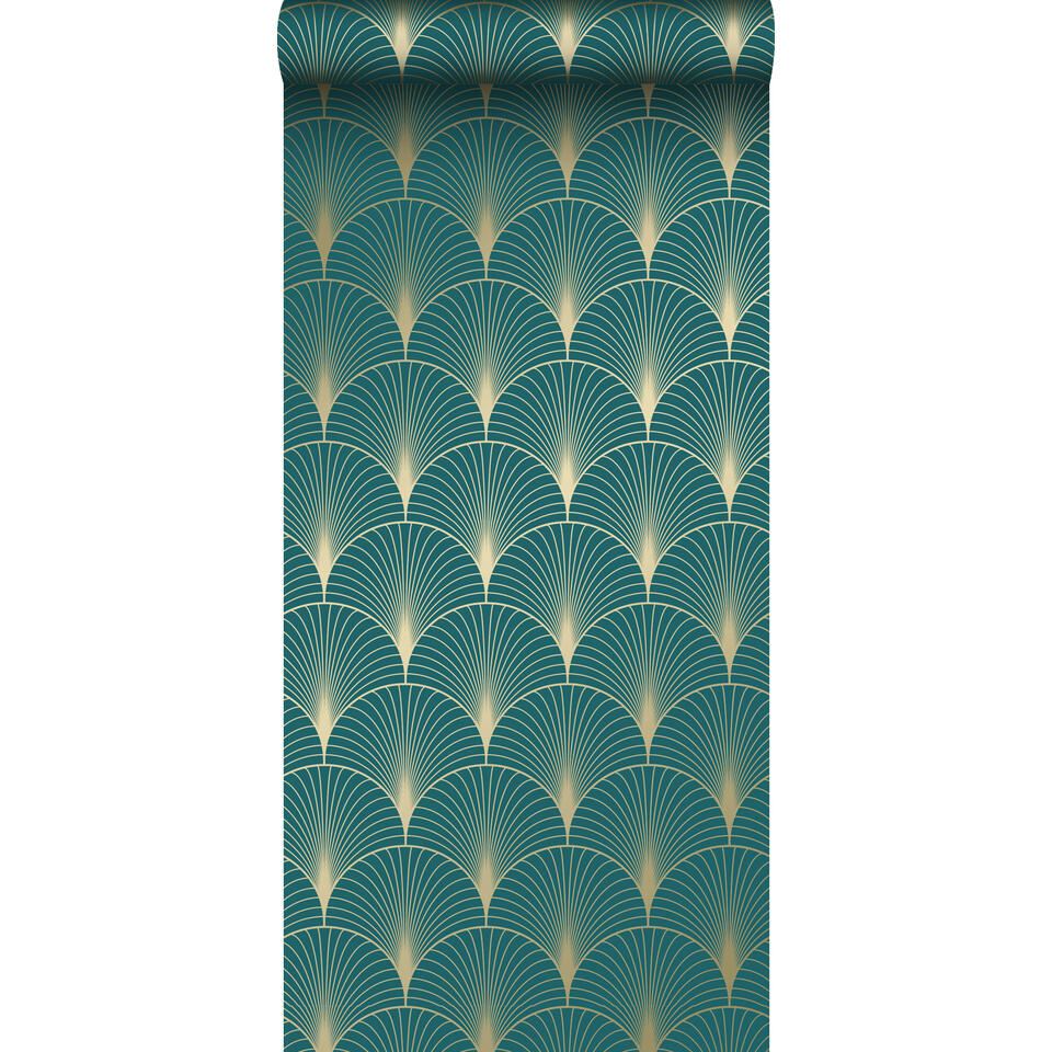 ESTAhome behang - art deco motief - petrolblauw en goud - 0,53 x 10,05 m | Bakker