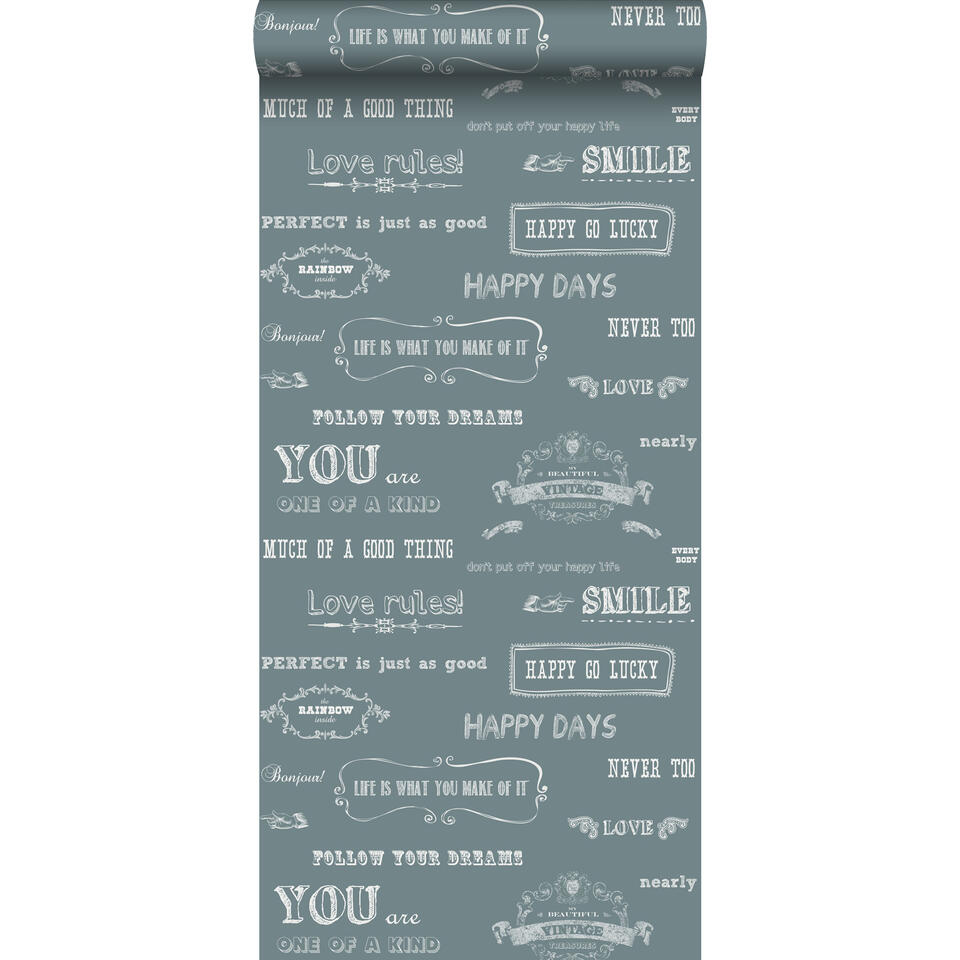 ESTAhome behang - krijtbord teksten - vintage blauw - 53 cm x 10,05 m product