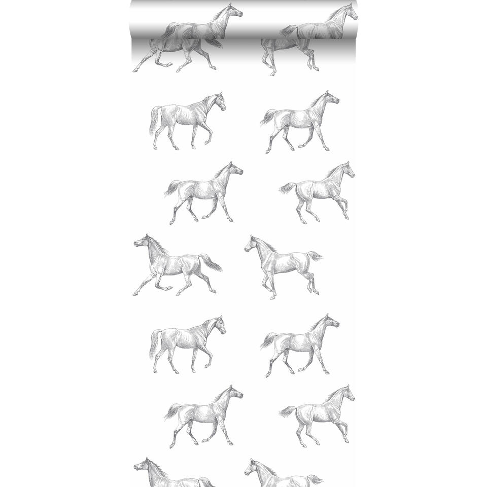 ESTAhome behang - getekende paarden - zwart op wit - 53 cm x 10.05 m product