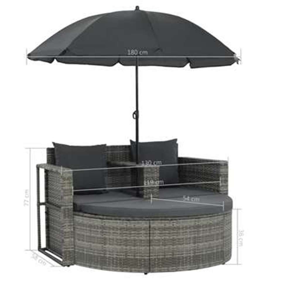VIDAXL Tuinbank tweezits met kussens en parasol poly rattan grijs