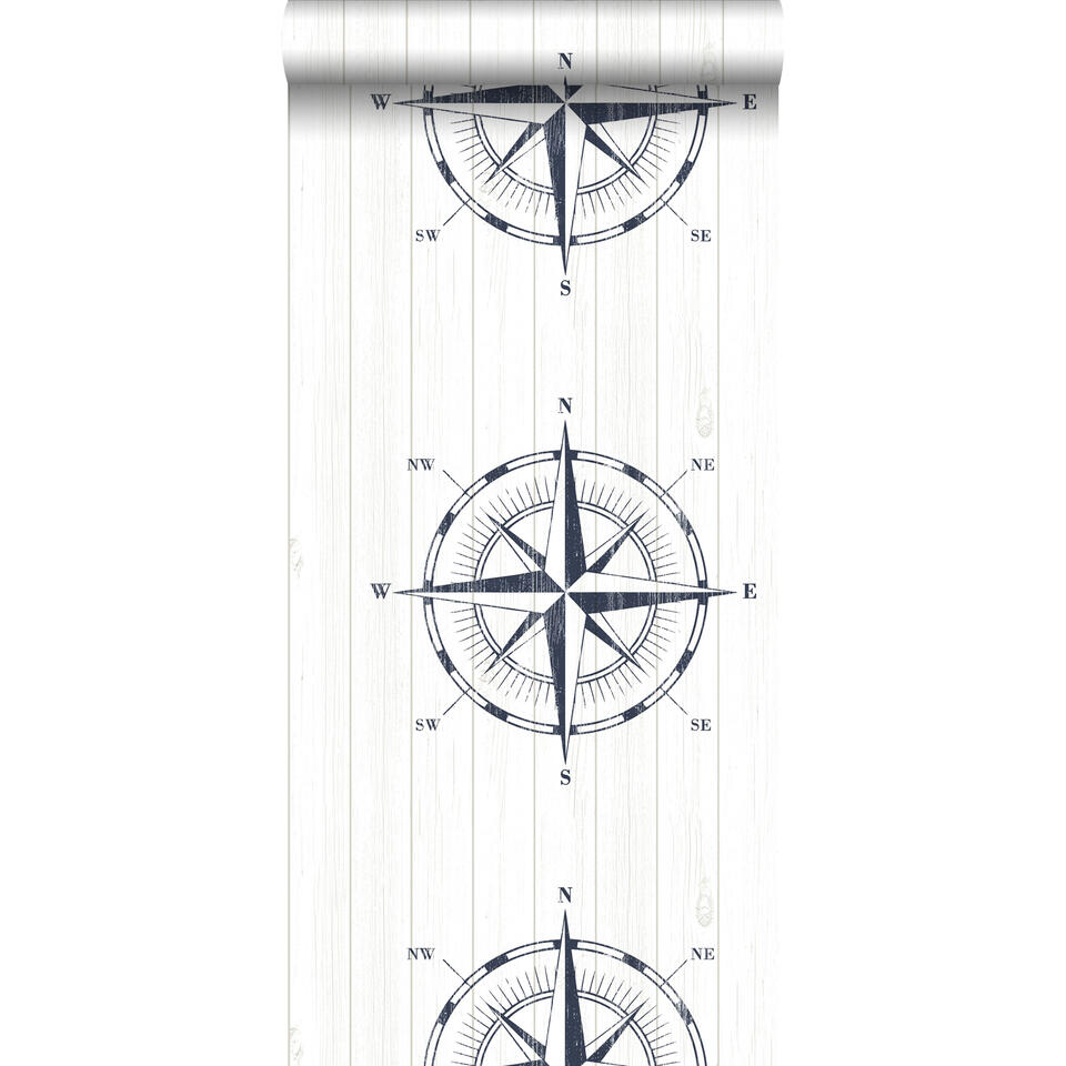 ESTAhome behang - kompasroos op hout - blauw en wit - 53 cm x 10,05 m product