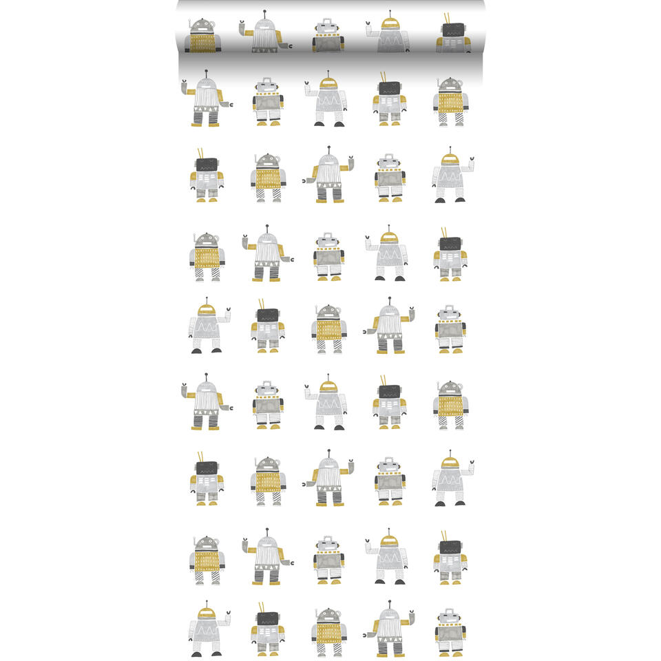 ESTAhome behang - speelgoed robots - geel en zilver - 53 cm x 10,05 m product