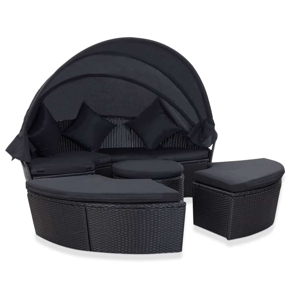 VIDAXL Loungebed met luifel - zwart polyrattan