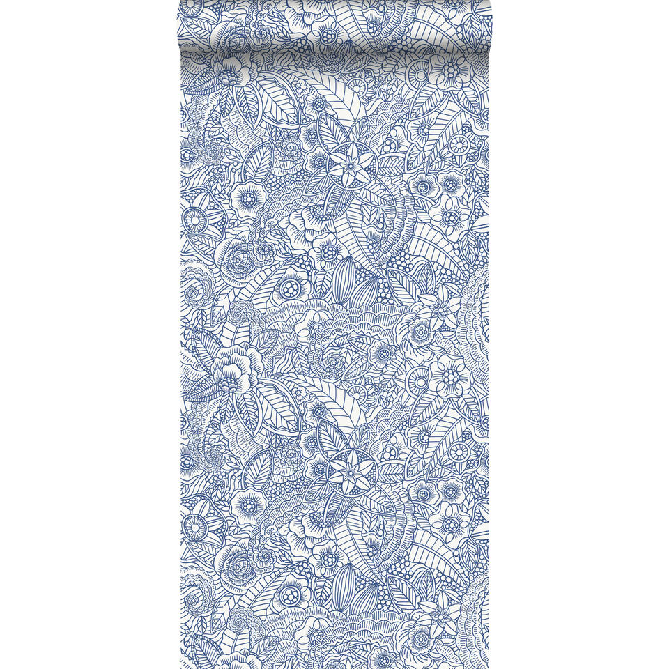 ESTAhome behang - bloemtekeningen - blauw op wit - 53 cm x 10,05 m product