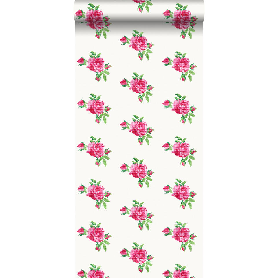 pack het spoor scheerapparaat ESTAhome behang - geborduurde roosjes - roze en groen | Leen Bakker