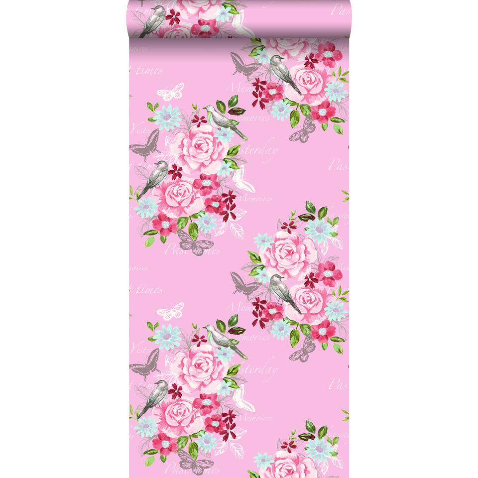 zoete smaak vaak Competitief ESTAhome behang - bloemen en vogels - roze - 53 cm x 10,05 m | Leen Bakker