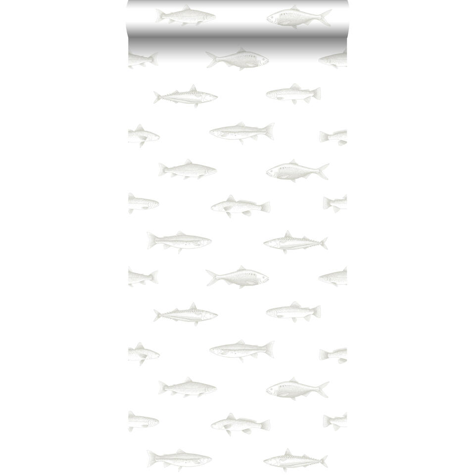 ESTAhome behang - pentekening vissen - wit en zilver - 0.53 x 10.05 m product
