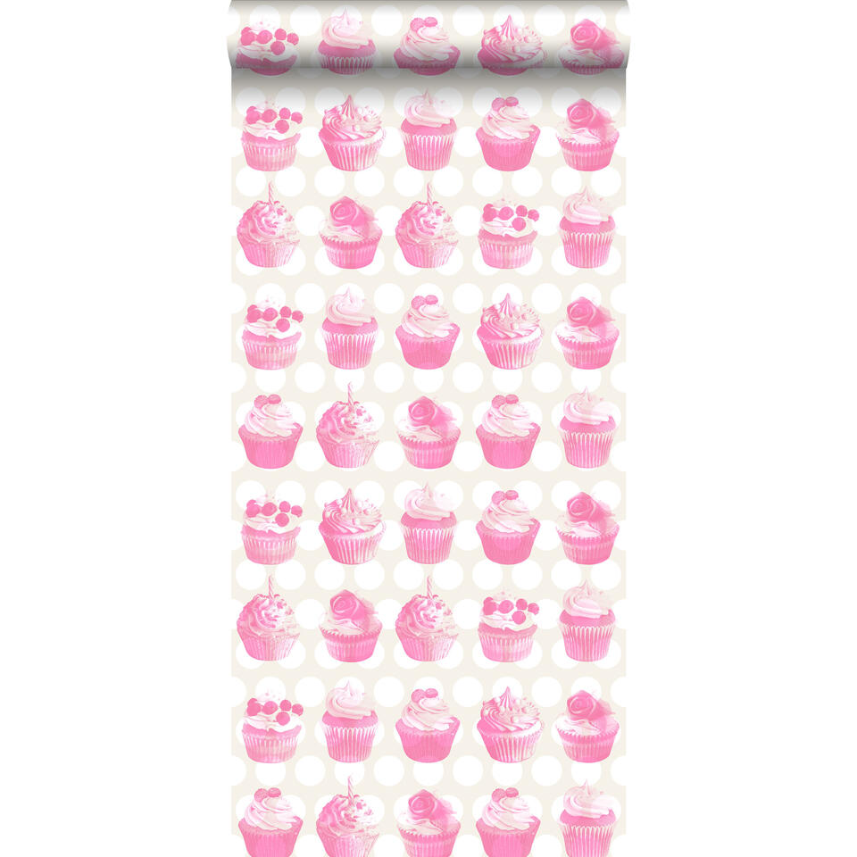 ESTAhome behang - cupcakes op glanzende stip - roze - 53 cm x 10,05 m product