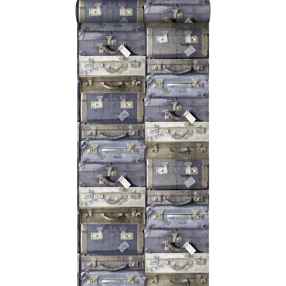 ESTAhome behang - vintage koffers - blauw en bruin - 53 cm x 10,05 m product