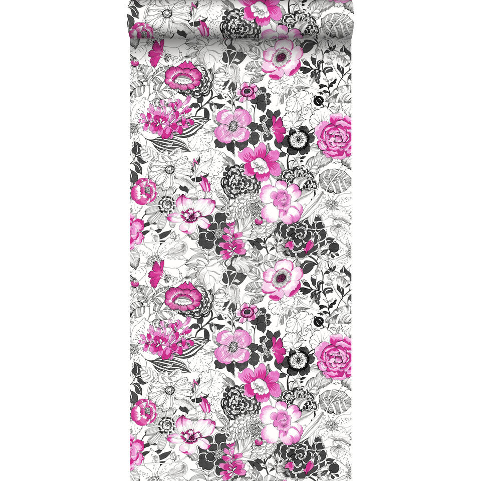 ESTAhome behang - bloemen - roze en zwart - 53 cm x 10,05 m product