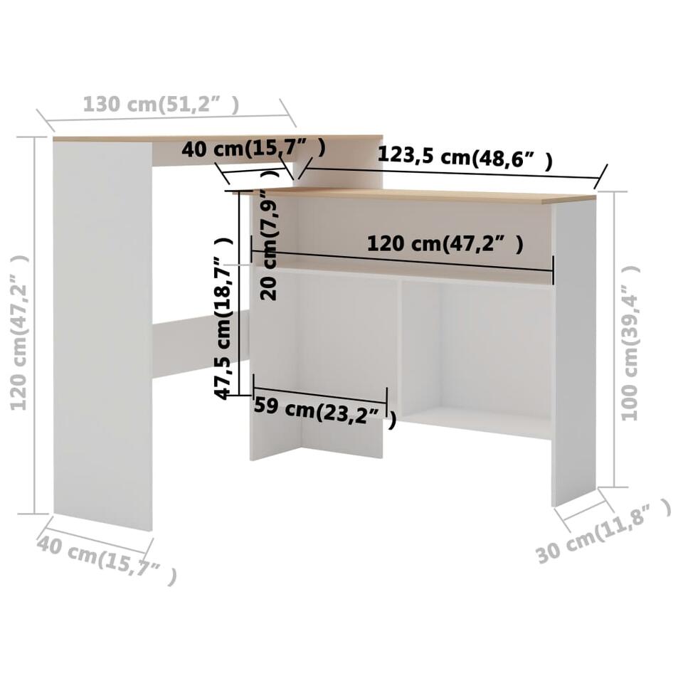 VIDAXL Bartafel met 2 tafelbladen 130x40x120 cm wit en eikenkleurig