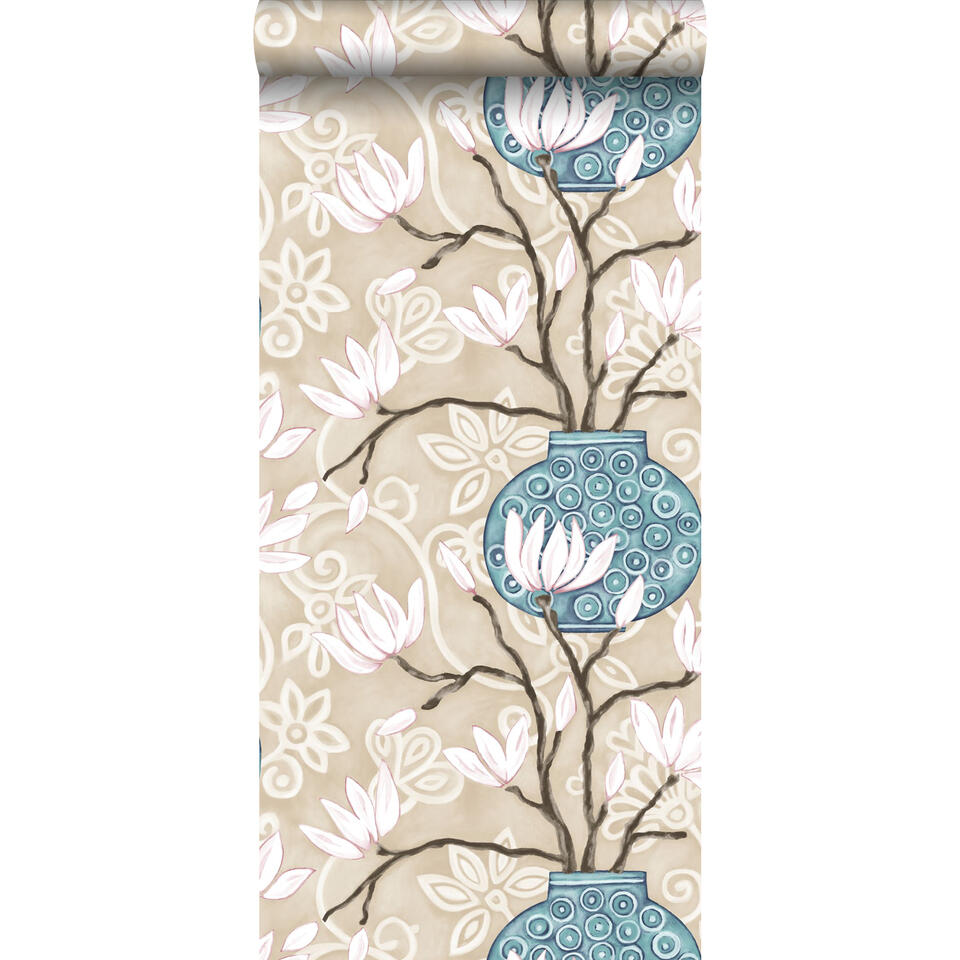 Origin behang - magnolia - beige en turquoise - 53 cm x 10,05 m product