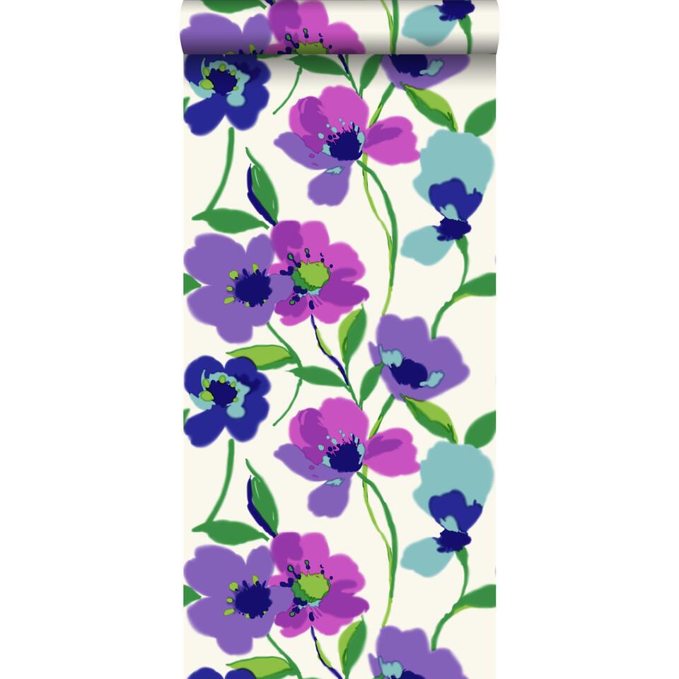 ESTAhome behang - klaprozen - paars en turquoise - 53 cm x 10,05 m product