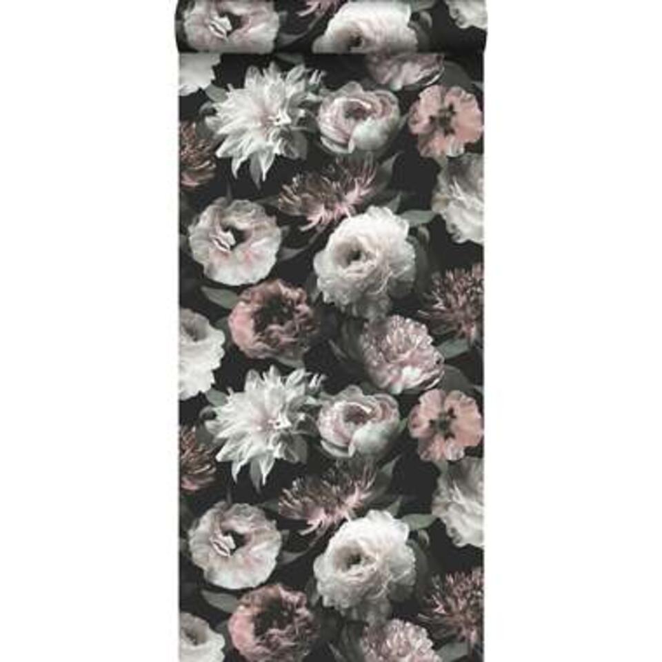 zakdoek Signaal Cataract ESTAhome behang - bloemen - zwart, wit en zacht roze - 0.53 x 10.05 m |  Leen Bakker