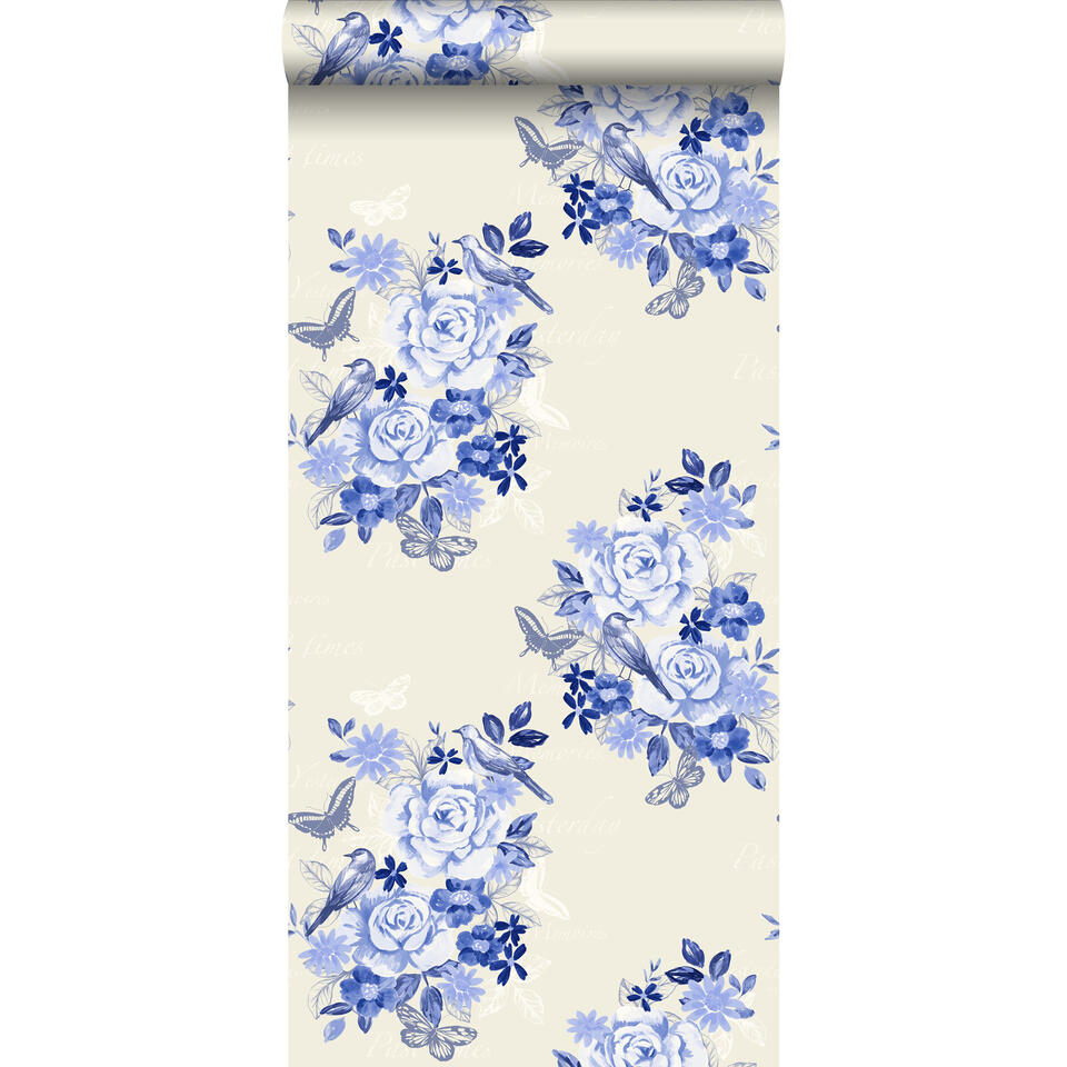 ESTAhome behang - bloemen en vogels - delfts blauw - 53 cm x 10,05 m product