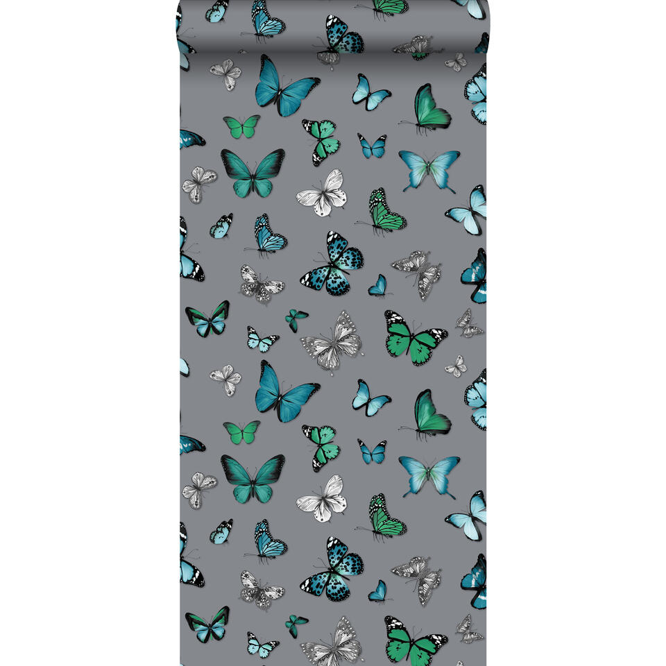 ESTAhome behang - vlinders - zilver en turquoise - 53 cm x 10,05 m product