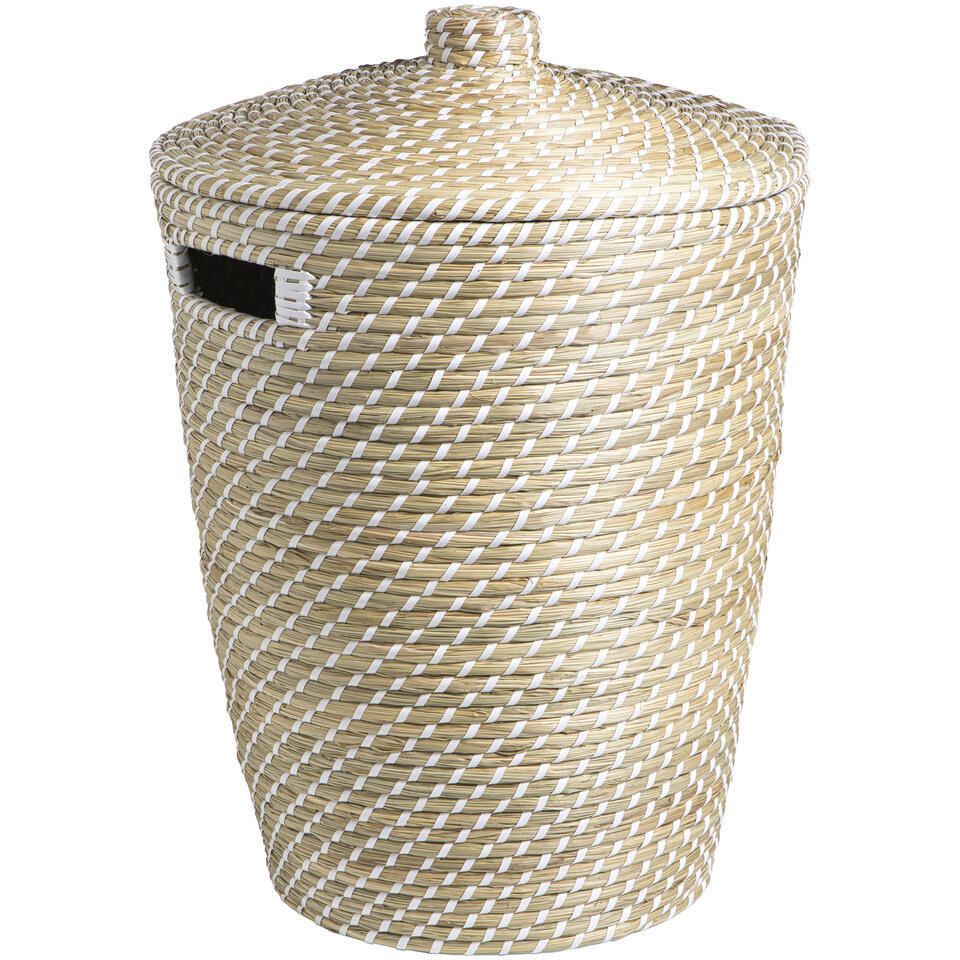 Leen Bakker - Mand Met Deksel Noa Naturel - 50xØ42xØ30 Cm - Zeegras - Crème
