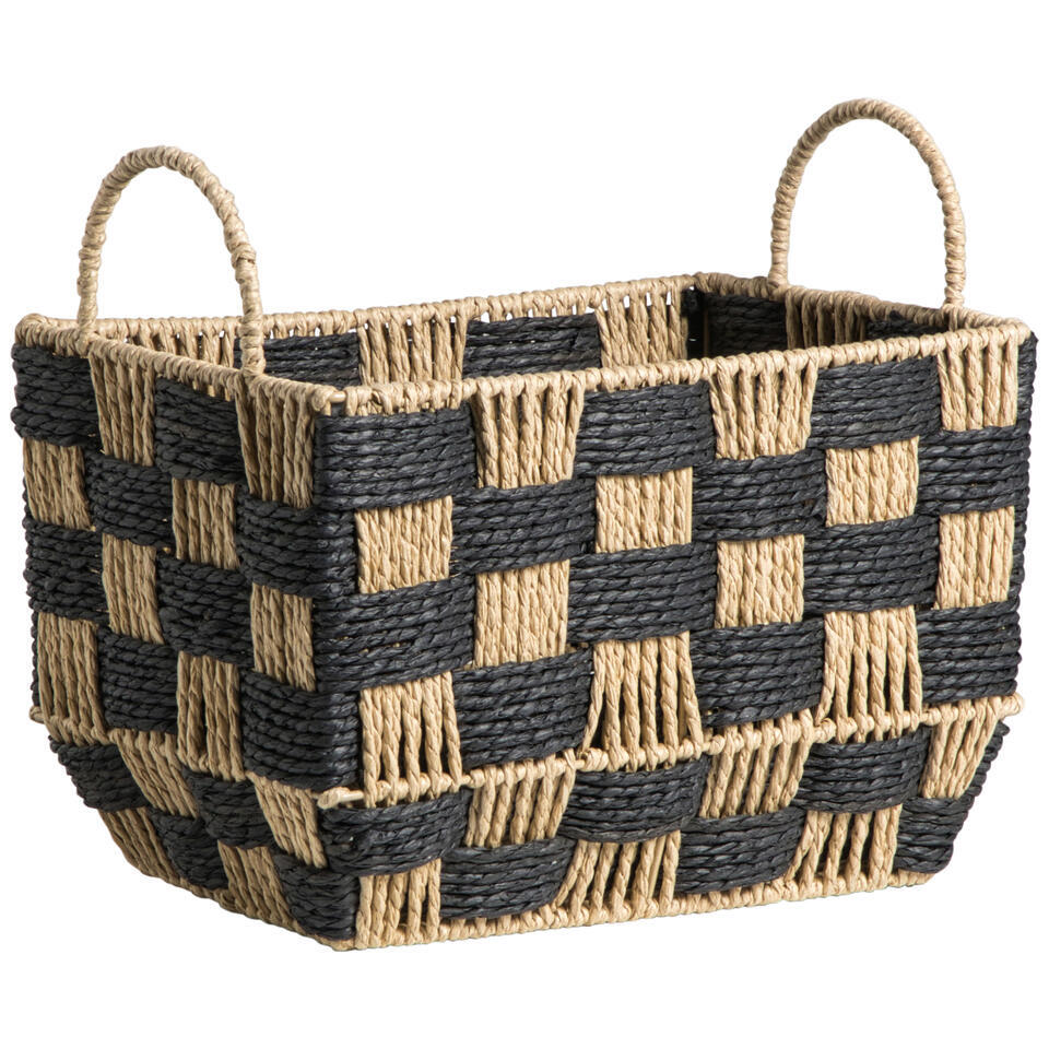 2e Halve Prijs Leen Bakker Mand Check Naturel zwart 27x30x20 Cm Metaal Papier Bruin Zwart