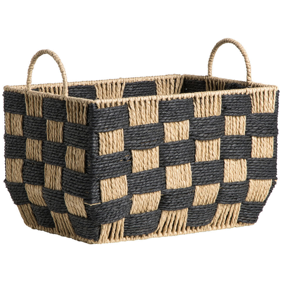 2e Halve Prijs Leen Bakker Mand Check Naturel zwart 28x35x25 Cm Metaal Papier Bruin Zwart