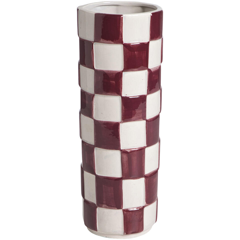 25% korting - Leen Bakker - Vaas Check Paars/wit - 28,2xØ10,2 Cm - Keramiek - Paars#Wit - H28.2 Cm