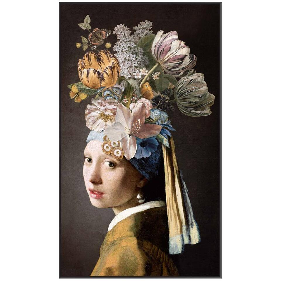 Haalbaar Scepticisme wakker worden Schilderij Meisje met de Parel met bloemen - multikleur - 118x70 cm | Leen  Bakker