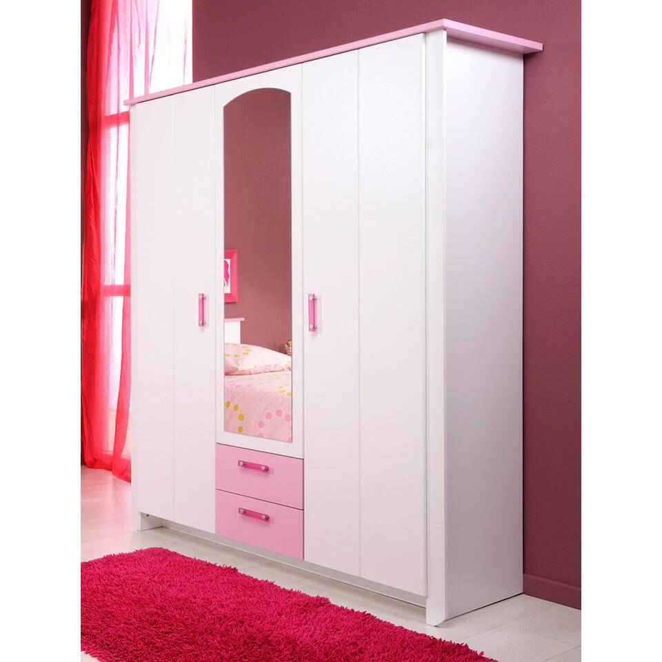 Kledingkast kast Kiki - wit/roze 181x136x56 cm
