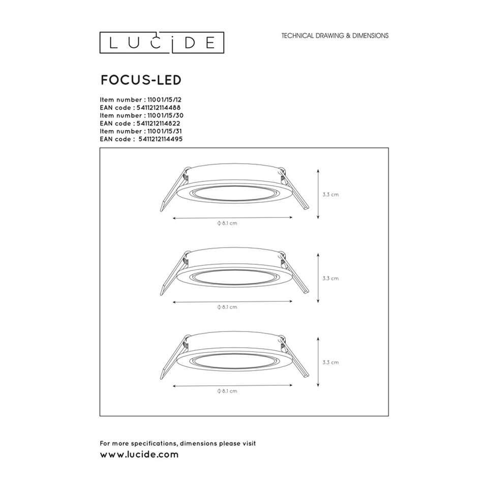 Lucide inbouwspot Focus rond - zwart (3 stuks)