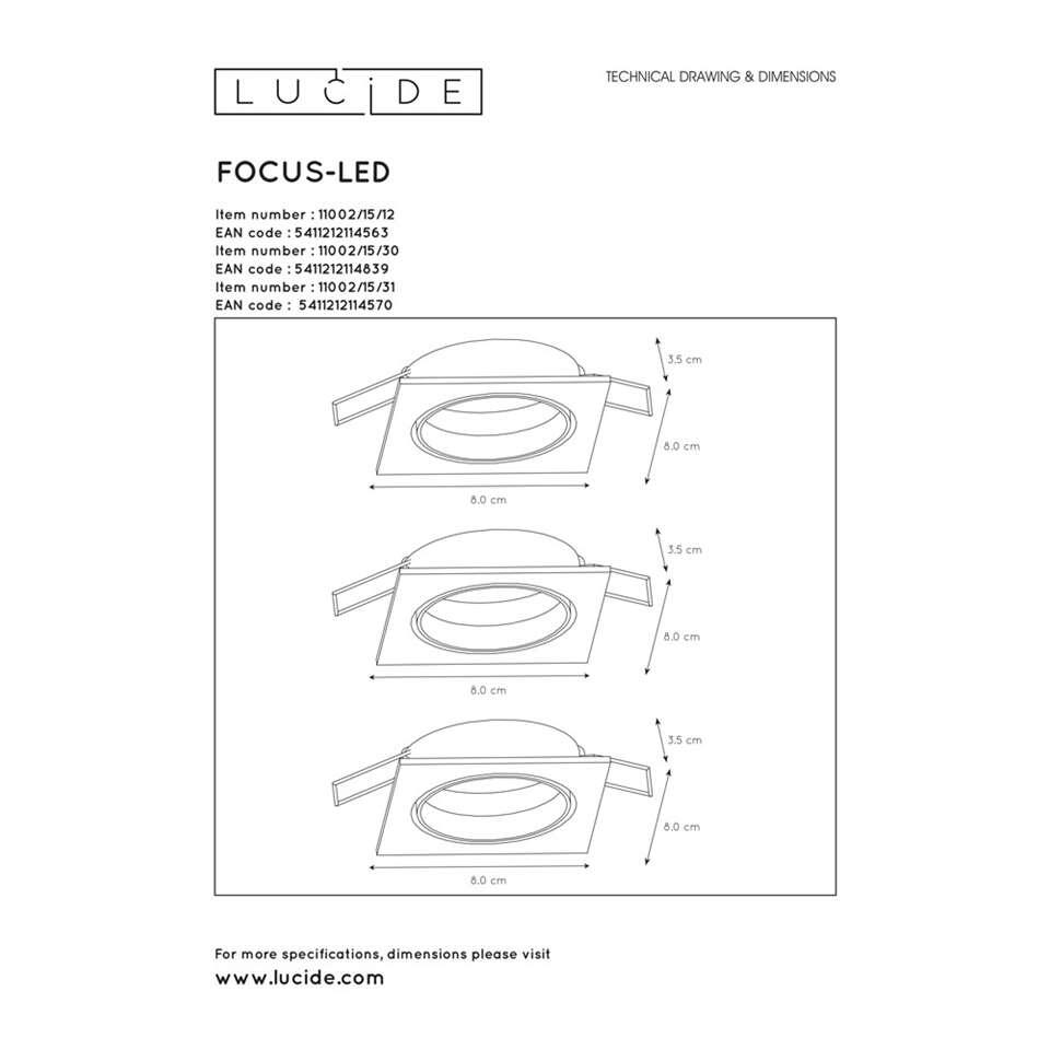 Lucide inbouwspot Focus vierkant - zwart (3 stuks)