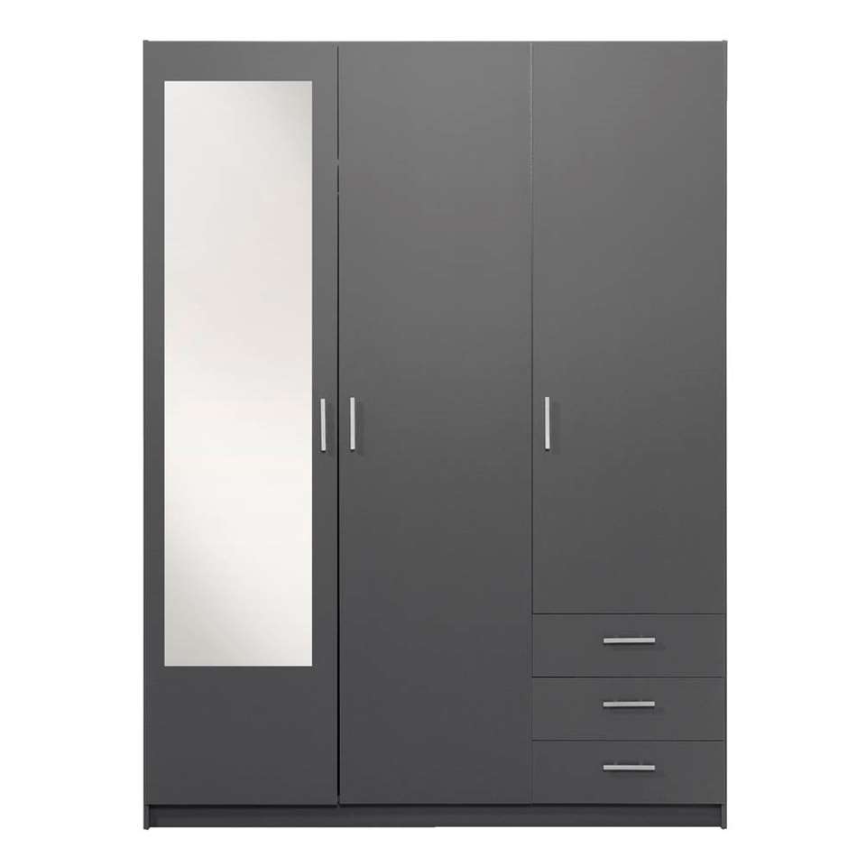 dier Desillusie Industrieel Kledingkast Sprint 3-deurs met spiegel - donkergrijs - 200x148x51 cm | Leen  Bakker