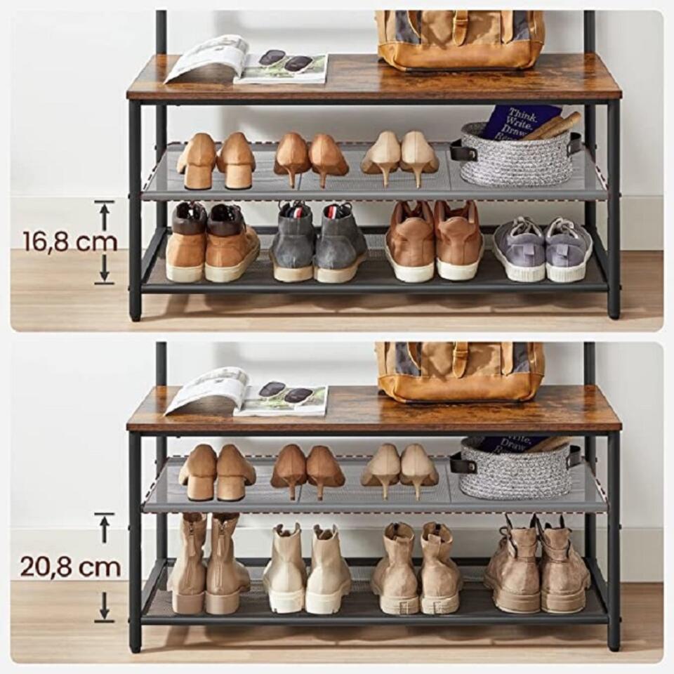 HOOBRO Kapstok met schoenenopbergbank, kapstok met haken en 2 laden, 4-in-1 ontwerp, kapstok en schoenenrek, voor hal, entree, woonkamer, slaapkamer, rustiek bruin en zwart EBF08MT01