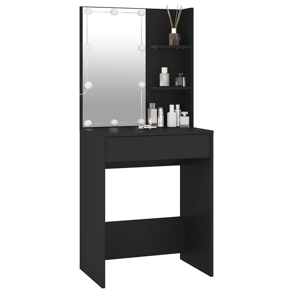 Kaptafel, Zwart bureau, ergonomische set met gewatteerde kapkruk, met verlichte spiegel, laden en planken (120 cm