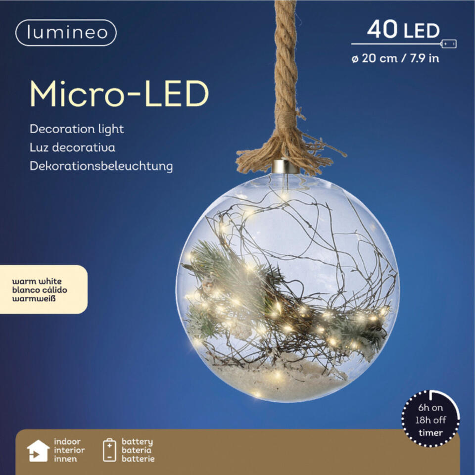 Lumineo Kerstbal - Met Led Licht - D20 Cm - Aan Touw | Leen Bakker